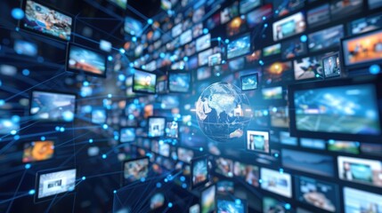 Poster - A wall of digital screens displays a variety of data and images, including a world map, charts, and other visual information