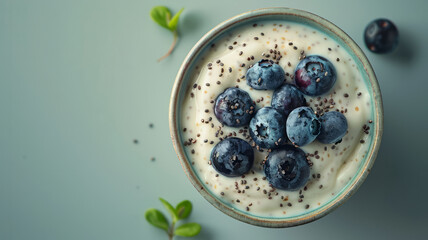 Canvas Print - Bowl of yogurt topped with fresh blueberries and chia seeds.