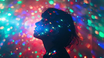 Poster - A woman is standing in front of a colorful background with a lot of lights
