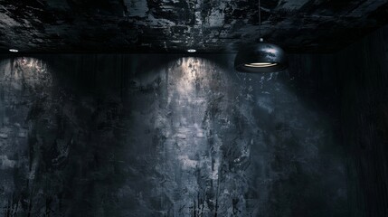 Wall Mural - Dark Concrete Wall with Spotlights and Hanging Lamp.