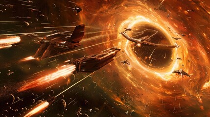 Canvas Print - A space battle near a wormhole, with ships being pulled into its swirling vortex.