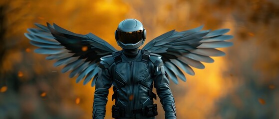 Futuristic soldier with mechanical wings in front of a fiery background, symbolizing power, technology, and transformation.