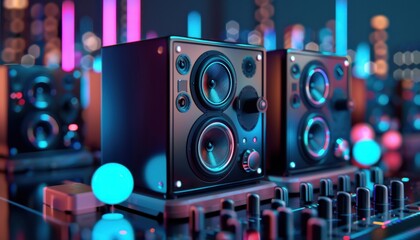 Modern audio speakers in a vibrant, neon-lit environment, showcasing high-end sound equipment and digital audio technology in an artistic setup.