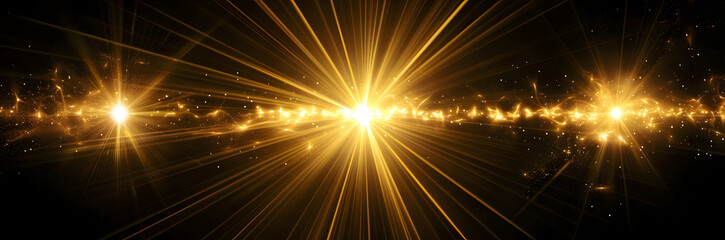 Wall Mural - Dynamic yellow Celestial Explosion set. Black Background with Glowing golden Sunburst, Digital Lens Flare, and Color-Adjusted Light Rays
