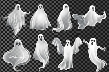 Collection set of ghost on transparent background cutout, PNG file. Many different designs. Mockup template artwork graphic