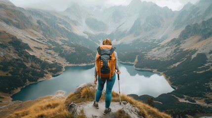 Sticker - A hiker with an orange backpack stands on a cliff overlooking a serene mountain lake surrounded by rugged terrain and misty mountains.