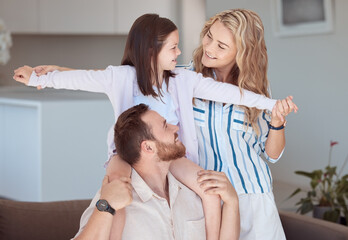 Sticker - Parents, girl and plane on shoulders on sofa with smile, care and games with holding hands with support. Father, mother and daughter with love, connection and airplane with flight in family house