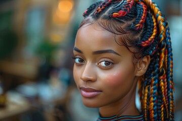 A stylish young woman with colorful braids adorned with red and orange highlights, shows a confident gaze, exuding beauty and elegance in an indoor setting.