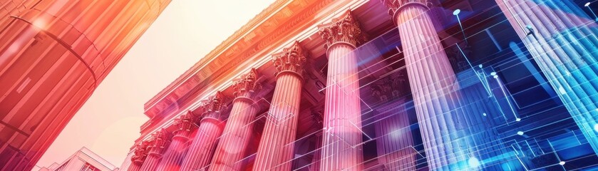 Vibrant, abstract view of classical architecture. Bright colors and geometric patterns highlight the grand columns and structure.