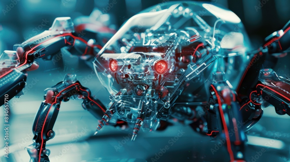 Close-up image of a futuristic robot spider with transparent and ...