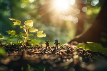 serene summer scene of two small clay adventurers exploring a lush forest with sunlight filtering th