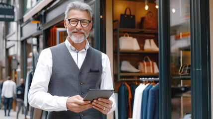 Wall Mural - Older man with gray hair and beard in a vest standing outside a clothing store holding a tablet with store window display in the background.