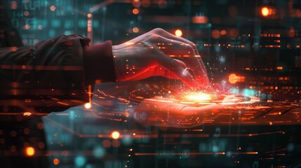 Poster - A hand is touching a glowing red object on a screen