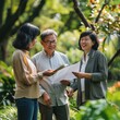 © 4AXY - Groups of individuals collaborating and discussing documents in a lush outdoor setting, demonstrating teamwork and communication.