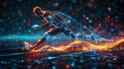 Wall Mural - Futuristic neon silhouette of a running athlete on a black background. Illustration