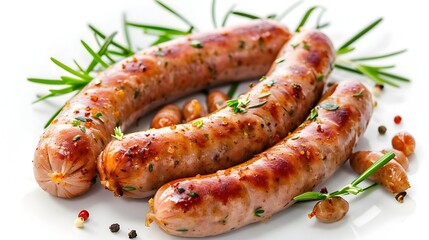 Flavorful Pork Sausages on Pristine White Background,Delicious Breakfast Staple