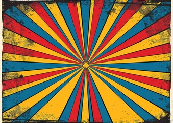 Wall Mural - Vintage Grunge Sunburst Poster Design with Radial Rays in Blue, Red, Yellow, and Black Distressed Style for Retro Background