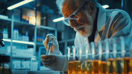 Poster - A man in a lab coat is holding a test tube and looking at it