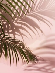 Canvas Print - Blurred shadow from palm leaves on the light pink wall. Minimal abstract background for product presentation.