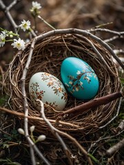 Wall Mural - Decorative Easter eggs nestled among rustic branches. Natural-themed spring display