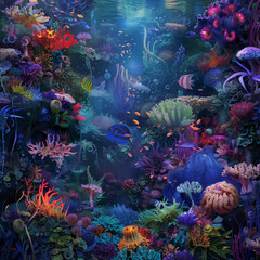 Vibrant Coral Reef Ecosystem with Exotic Marine Life into the underwater