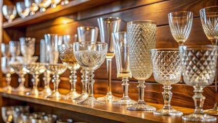 Crystal glassware, clean and sparkly, arranged on a wooden shelf, no dust particles visible.