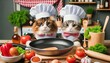 © Anupong - Two cats dressed as chefs sit in a kitchen, surrounded by fresh ingredients and a frying pan, Pets cooking together, humorous animal behavior, culinary collaboration.