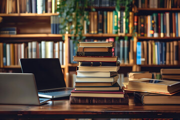 Sticker - Organized pile of books on a desk with a laptop. E-learning concept. 