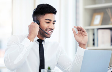 Canvas Print - Call center, laptop and businessman with microphone for talking, answer inquiry and address concern. Office, headset and male agent for faq questions, support and customer service for telemarketing