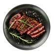 © Dario Berardi - A gourmet sliced steak on a black plate, beautifully presented with rosemary and seasoning, top view. On transparent background.