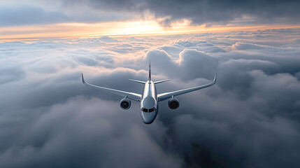 Wall Mural - A jet airliner flying above the clouds with a dramatic sunset in the background, viewed from the front.