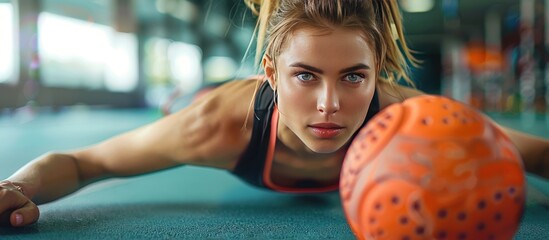 Sticker - Woman doing a Fitness Exercise with a Ball in a Gym