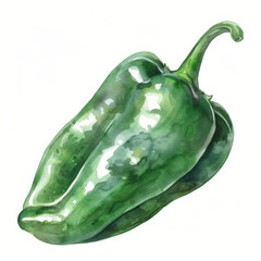 Wall Mural - A watercolor painting of a fresh poblano pepper, showcasing its dark green skin and subtle sheen, isolated on white background.