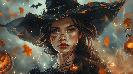 Halloween witch with pumpkins. 3D illustration. Halloween background with witch.	