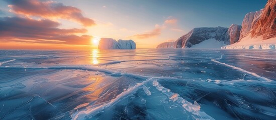 Wall Mural - Frozen Landscape at Sunset with Icebergs and Mountains