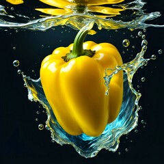 Fresh yellow pepper falling into water