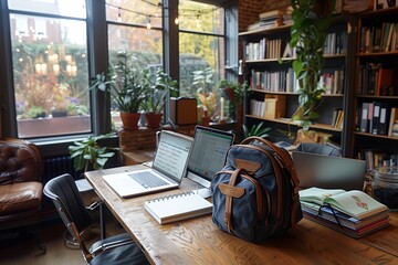 Poster - Modern Office Workspace With Laptops, Backpack, And Bookshelves