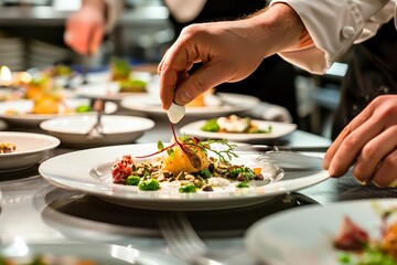 Chef plating a gourmet meal with a fork, adding finishing touches.