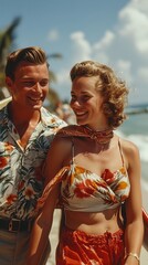 Retro style vintage loving couple spending time on the summer beach together