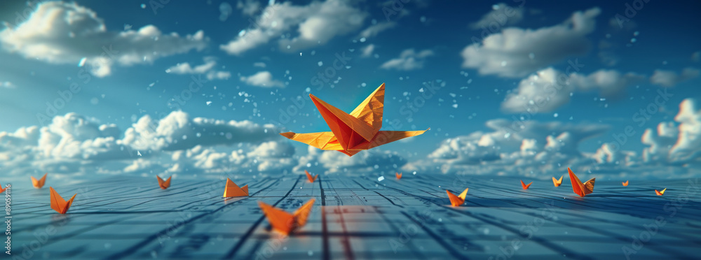 Background of the school notebook. 3d flying yellow paper aircraft ...