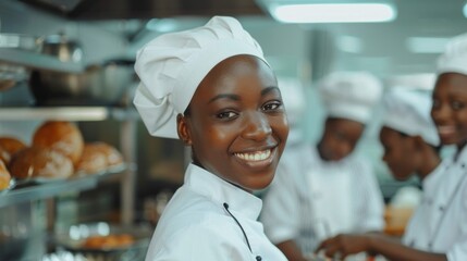 Wall Mural - A woman chef is smiling and wearing a white hat