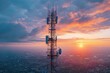 © Ольга Лукьяненко - Antenna tower as phone base station with radio waves bright sky background