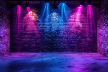 Wall Mural - dark blue and purple empty brick wall texture pattern with bright spotlights, neon tubes and laser beams, empty scene