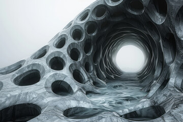 Poster - An abstract image of a circular path with surreal twists and turns, representing a vicious circle, against a white backdrop,