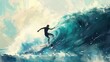 © Pat J. - Illustration of Surfer riding a big wave, ocean spray, adventurous spirit, beach background