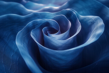 Poster - Minimalist abstract image of a spiral in denim blue, representing fluidity and motion, on a dark backdrop,
