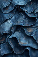 Poster - Minimalist design featuring a denim path with surreal twists and highlighted seams, symbolizing journey and transformation, against a dark backdrop,