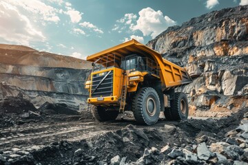 Big yellow Mining Truck working in open coal mine. Concept mining industry with truck