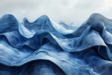 Poster - Abstract minimalist image of continuous denim waves with prominent seams, representing harmony and rhythm, on a light gray backdrop,