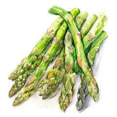 Wall Mural - A watercolor illustration of fresh asparagus spears, showing their detailed textures and vibrant green color, isolated on white background.